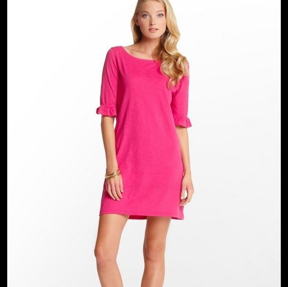 Lilly Pulitzer "Somerset" 3/4 Ruffle Sleeve Boatneck Pink Dress EUC Size S